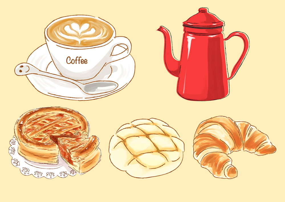 ほっこりカフェ風パンとコーヒーのイラスト素材 Hanayuki Hanayuki ブログ 花柄スマホケース 雑貨製作